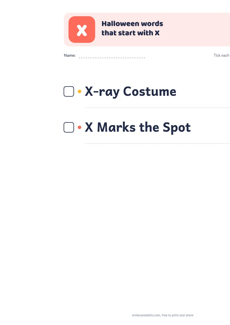 Printable list of Halloween words starting with X, each with a tick box