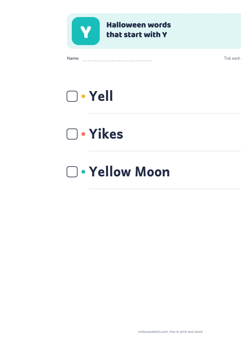Printable list of Halloween words starting with Y, each with a tick box