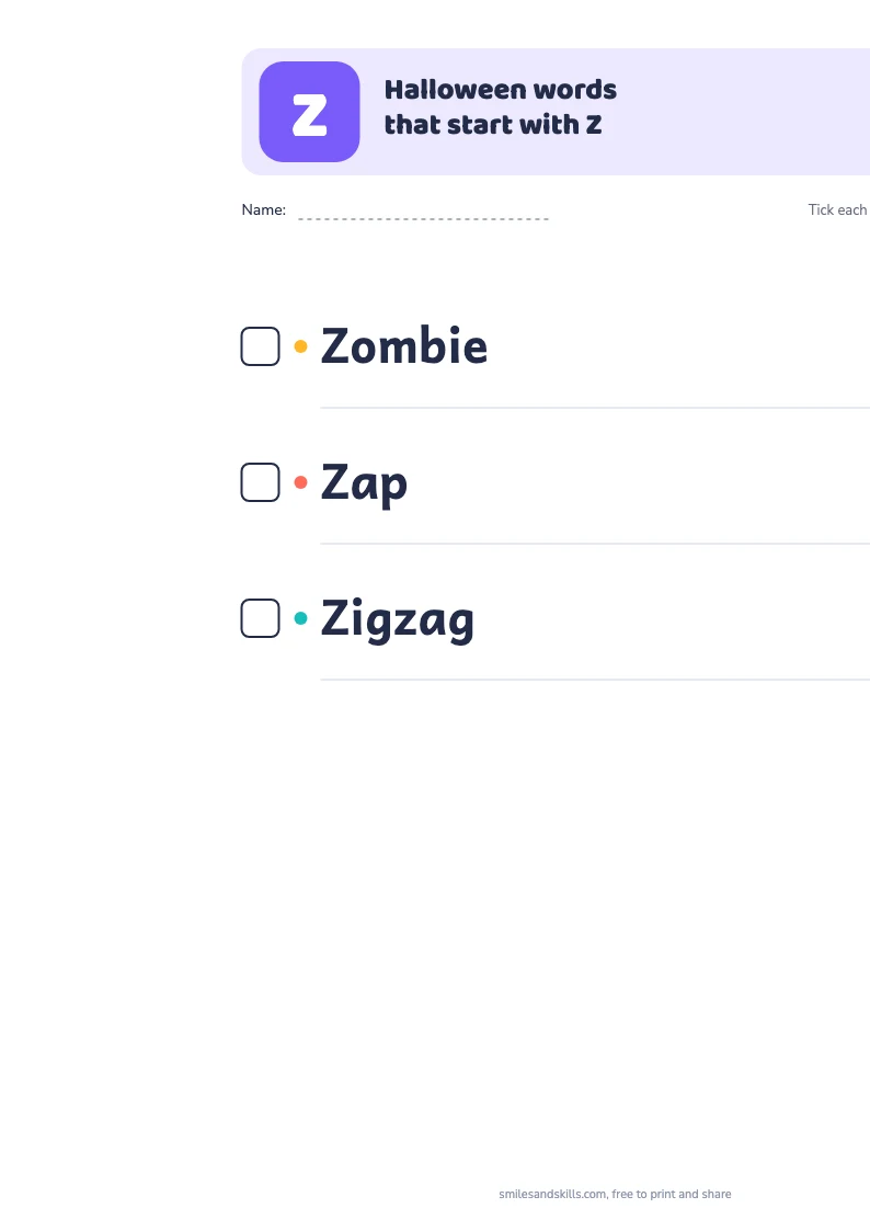 Printable list of Halloween words starting with Z, each with a tick box