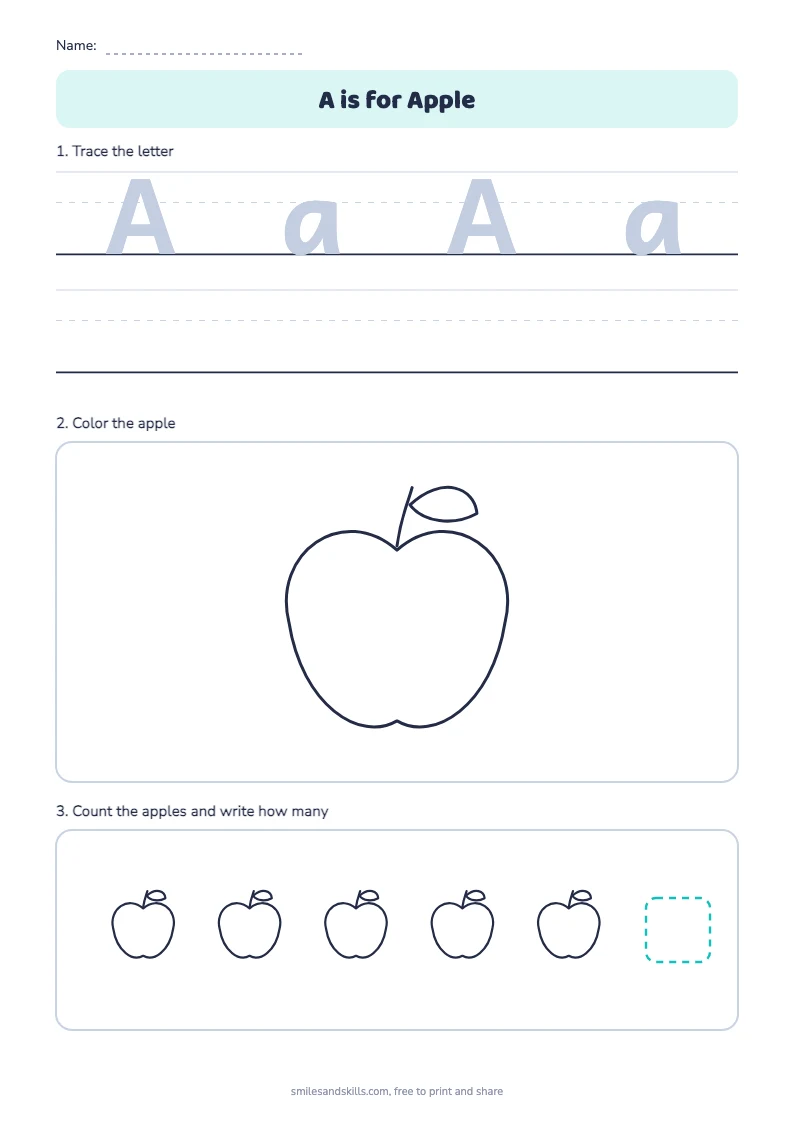 Letter A is for Apple worksheet: trace the letter, color the apple, count the apples