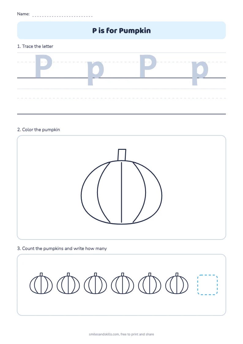 P is for Pumpkin worksheet: trace the letter P, color a pumpkin, count six pumpkins