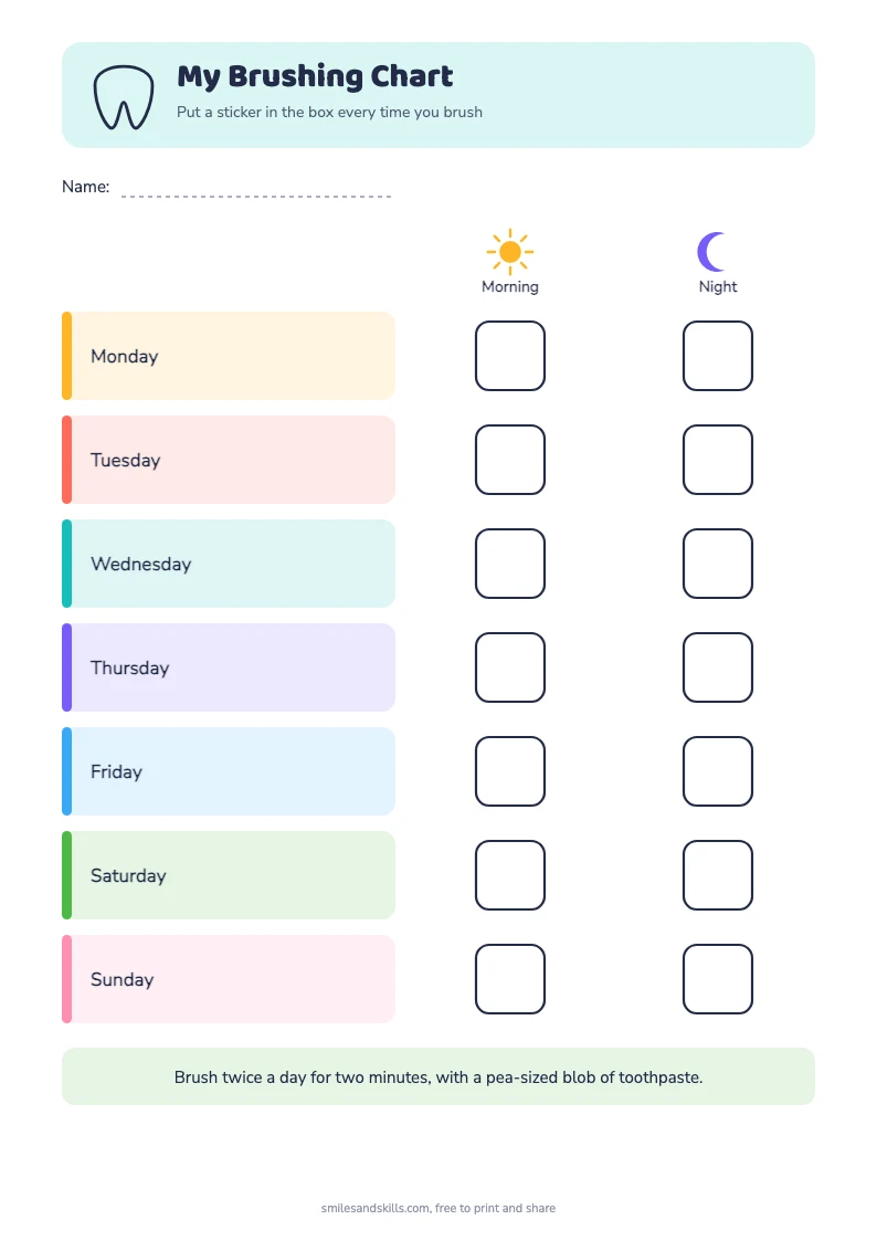 Printable brushing chart with a row for each day of the week and a box for morning and night