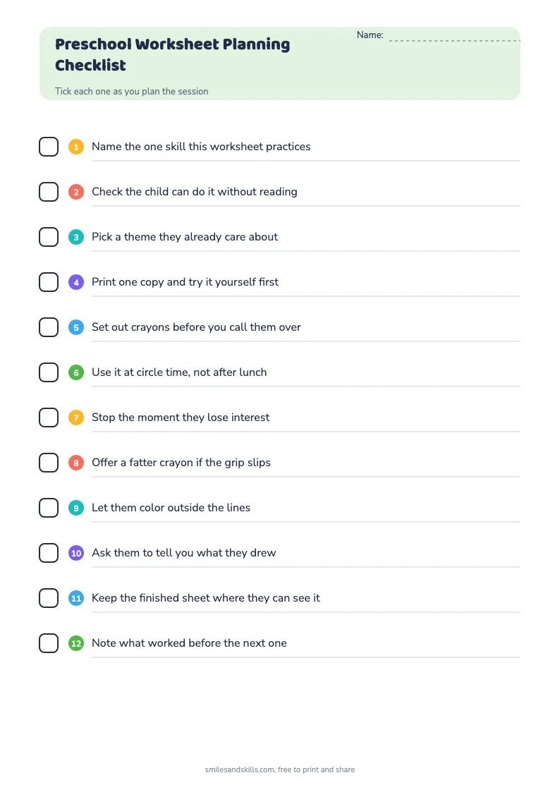 Preschool Activities Worksheets checklist