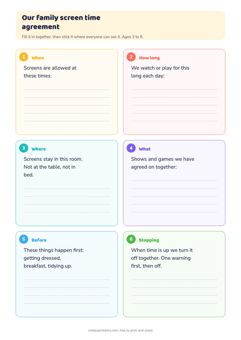 Printable family screen time agreement with six sections to fill in together
