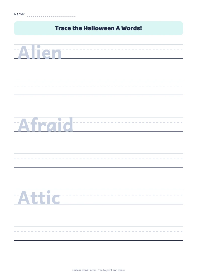 Tracing sheet for Halloween words starting with A on handwriting rules