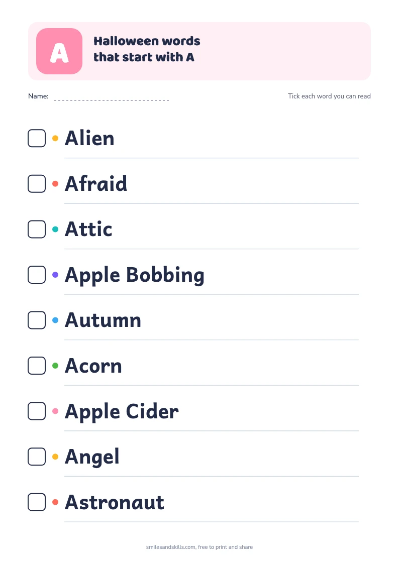 Printable list of 9 Halloween words starting with A, each with a tick box