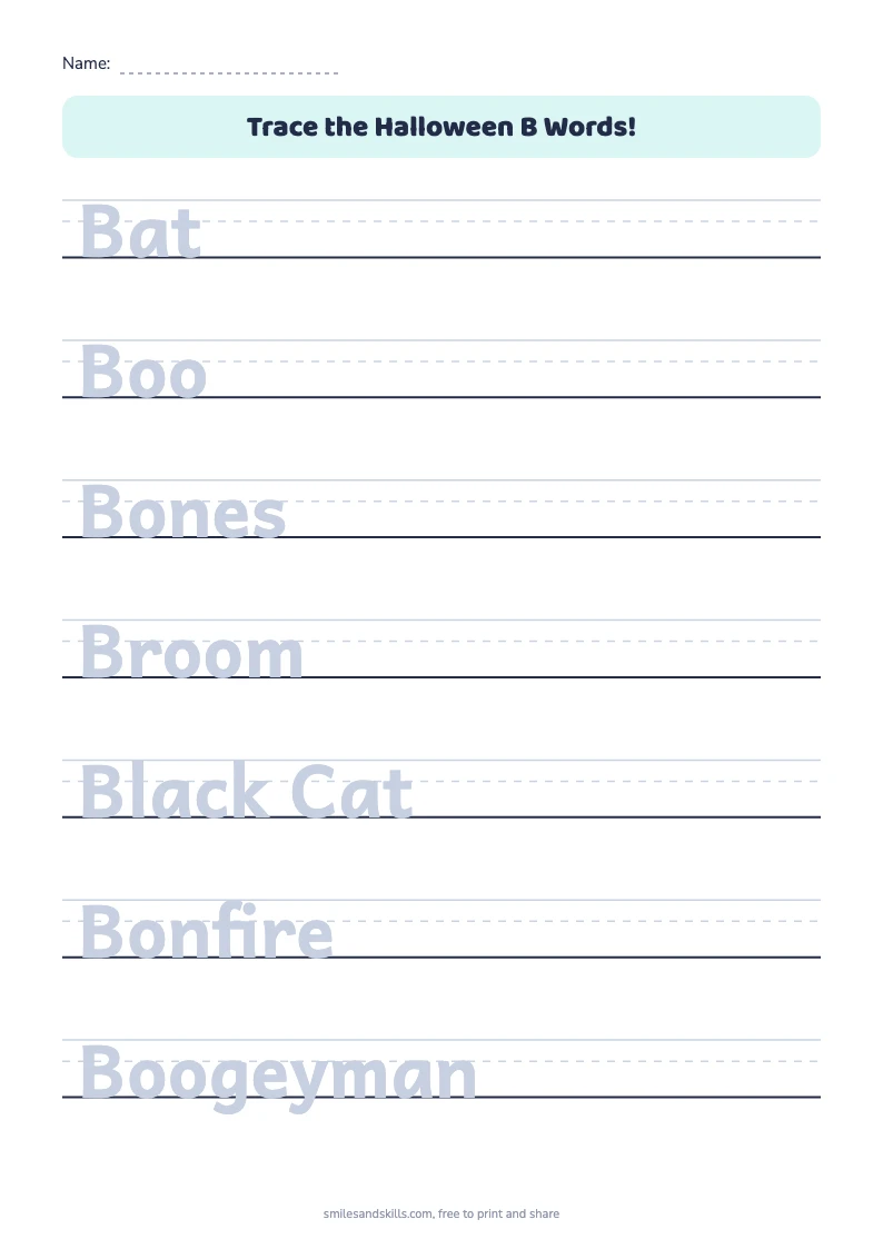 Tracing sheet for Halloween words starting with B on handwriting rules