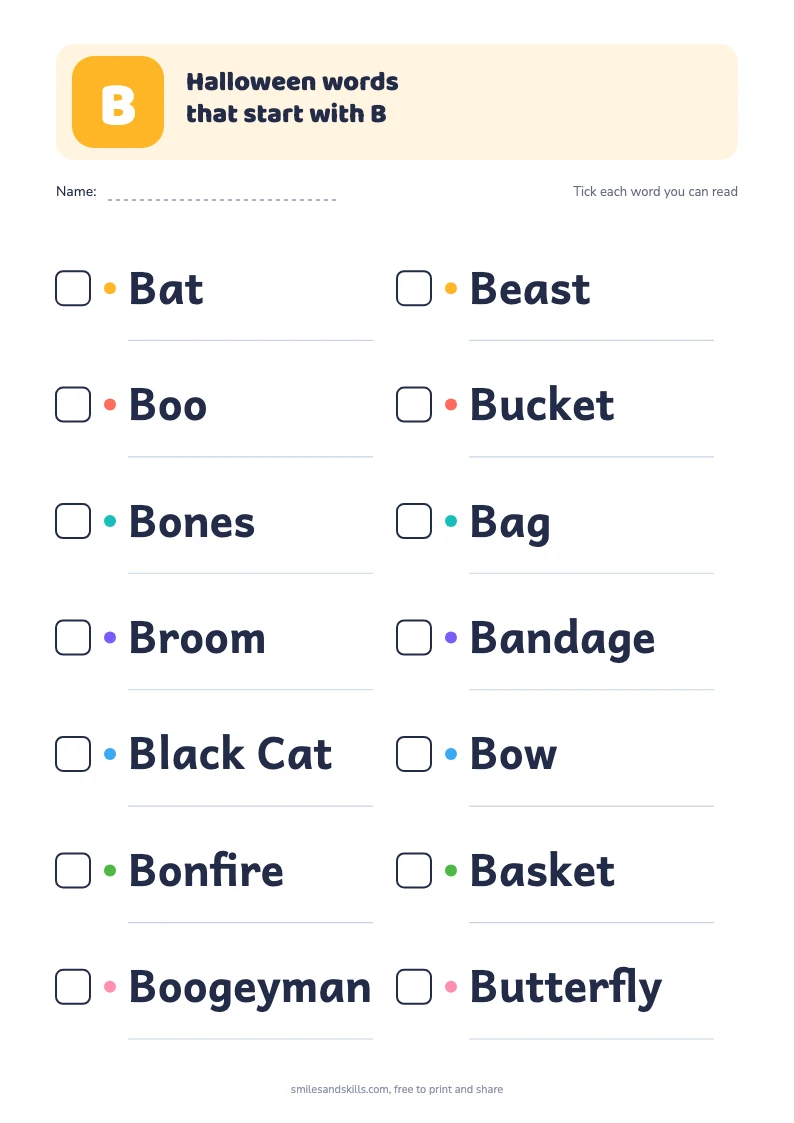 Printable list of 14 Halloween words starting with B, each with a tick box