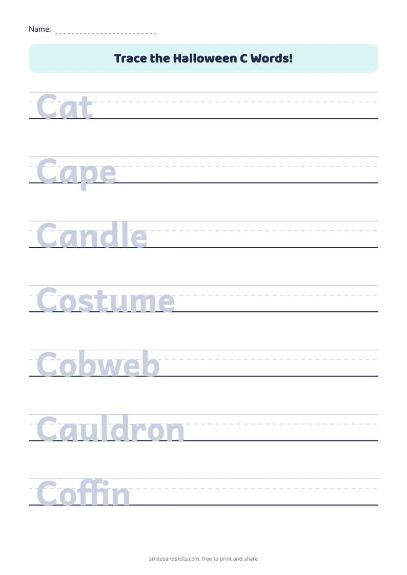Tracing sheet for Halloween words starting with C on handwriting rules