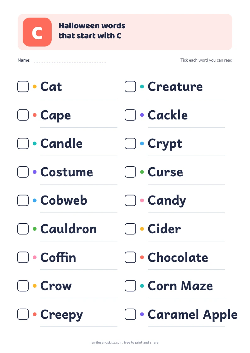Printable list of 18 Halloween words starting with C, each with a tick box