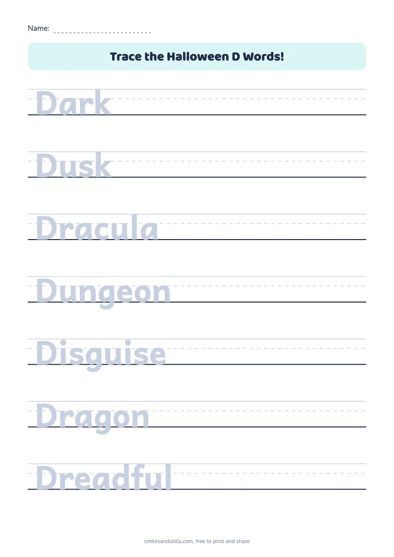 Tracing sheet for Halloween words starting with D on handwriting rules