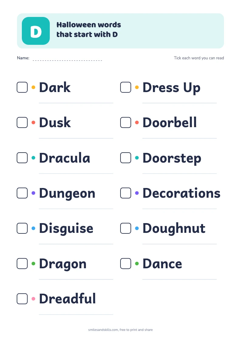 Printable list of 13 Halloween words starting with D, each with a tick box
