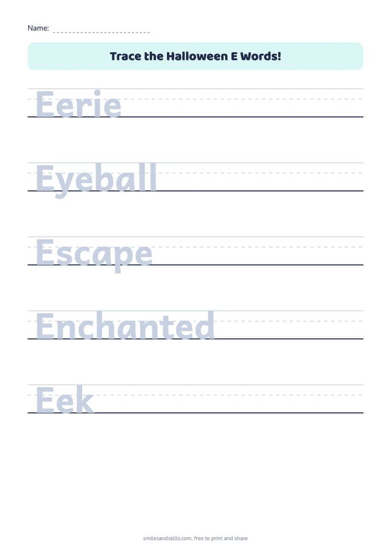 Tracing sheet for Halloween words starting with E on handwriting rules