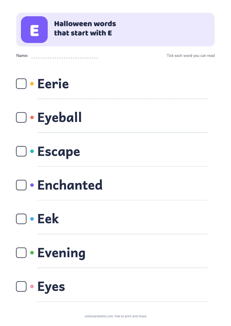 Printable list of 7 Halloween words starting with E, each with a tick box