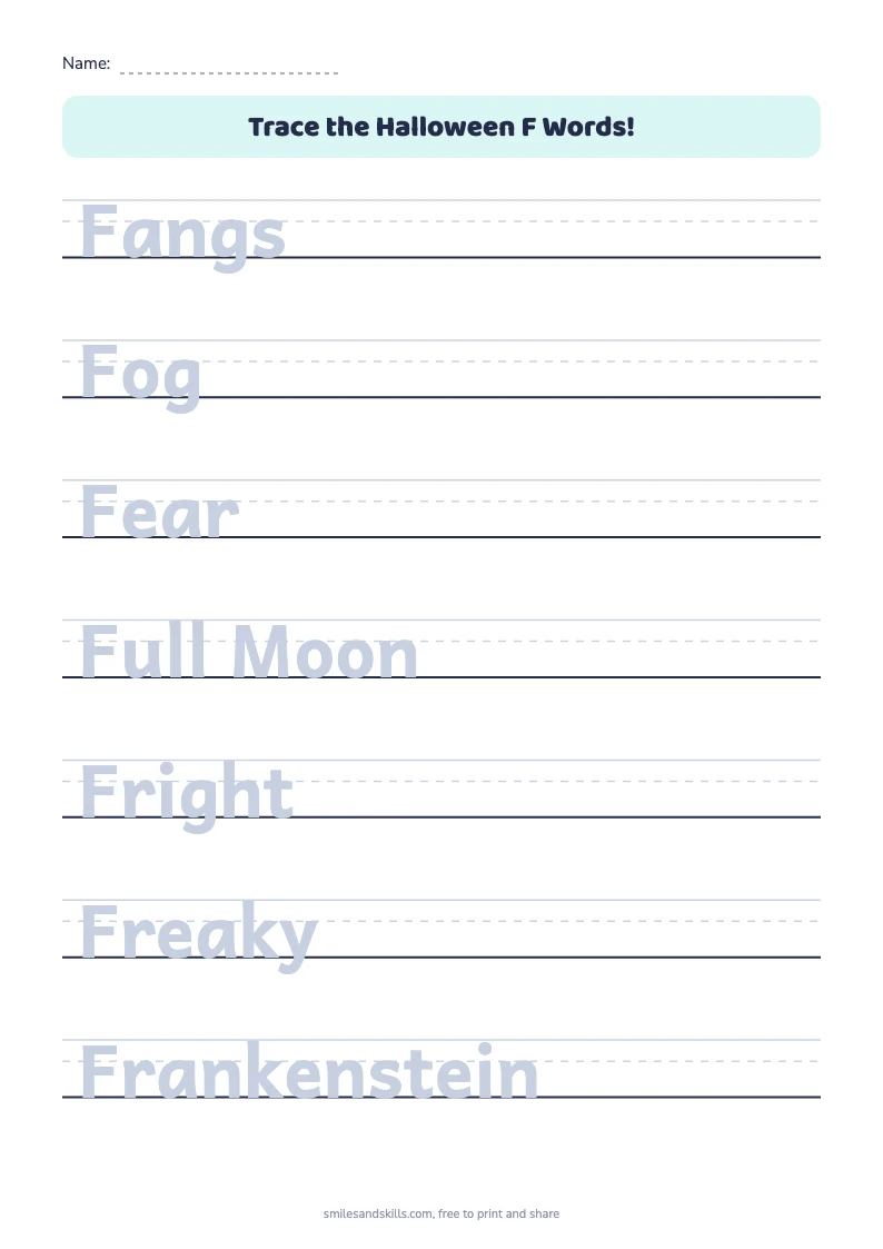 Tracing sheet for Halloween words starting with F on handwriting rules