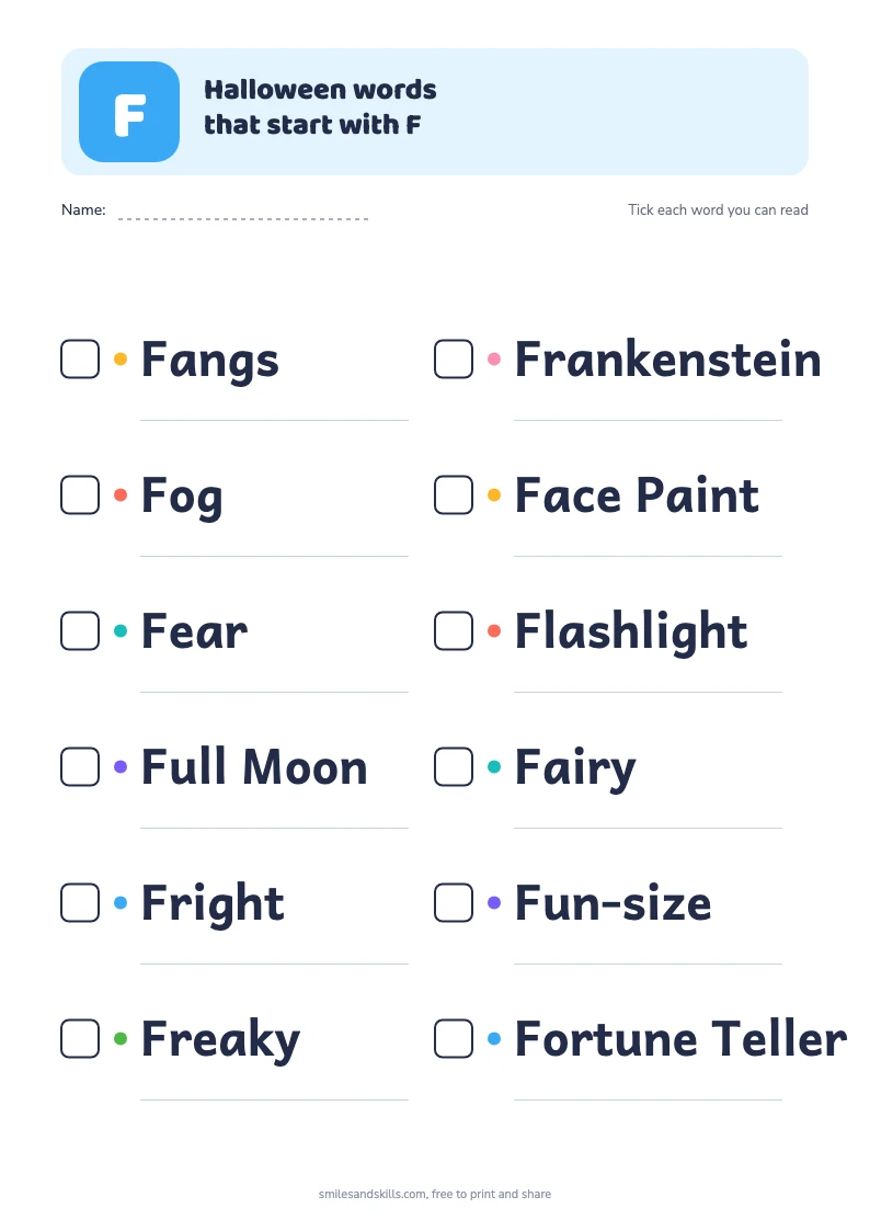 Printable list of 12 Halloween words starting with F, each with a tick box