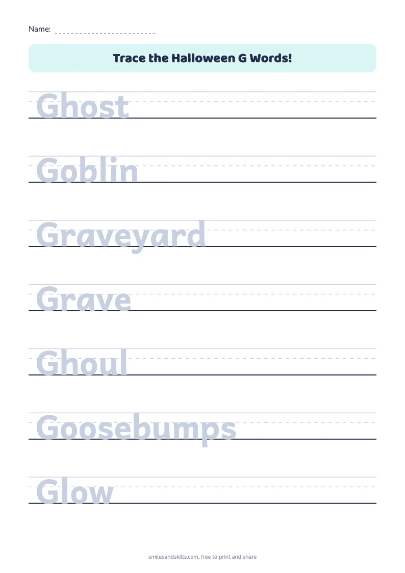 Tracing sheet for Halloween words starting with G on handwriting rules