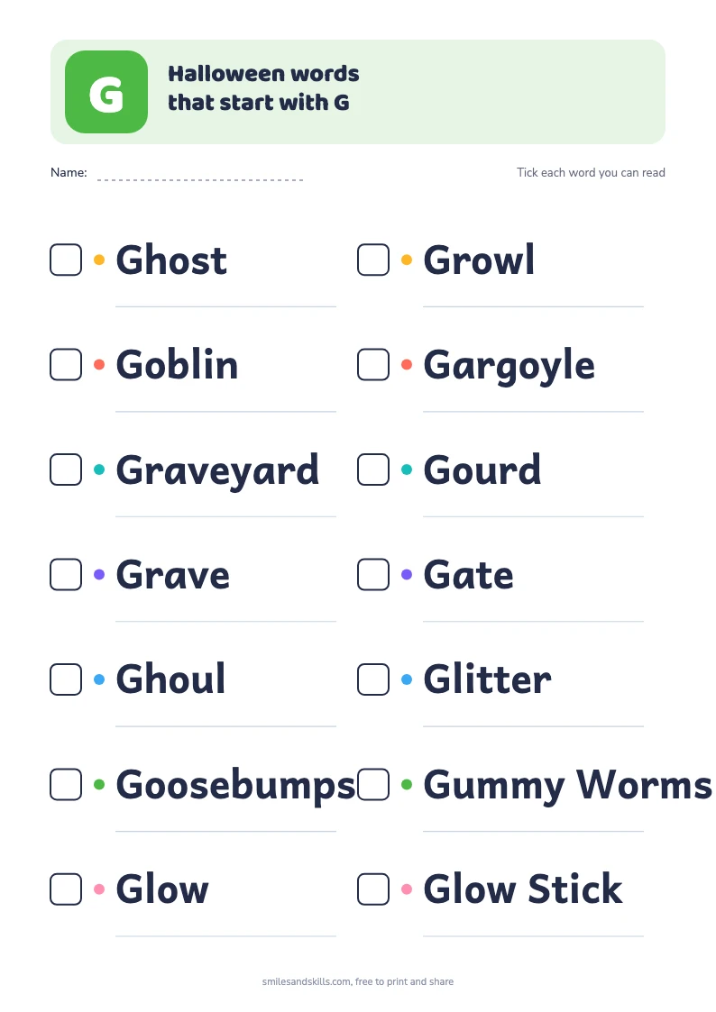 Printable list of 14 Halloween words starting with G, each with a tick box