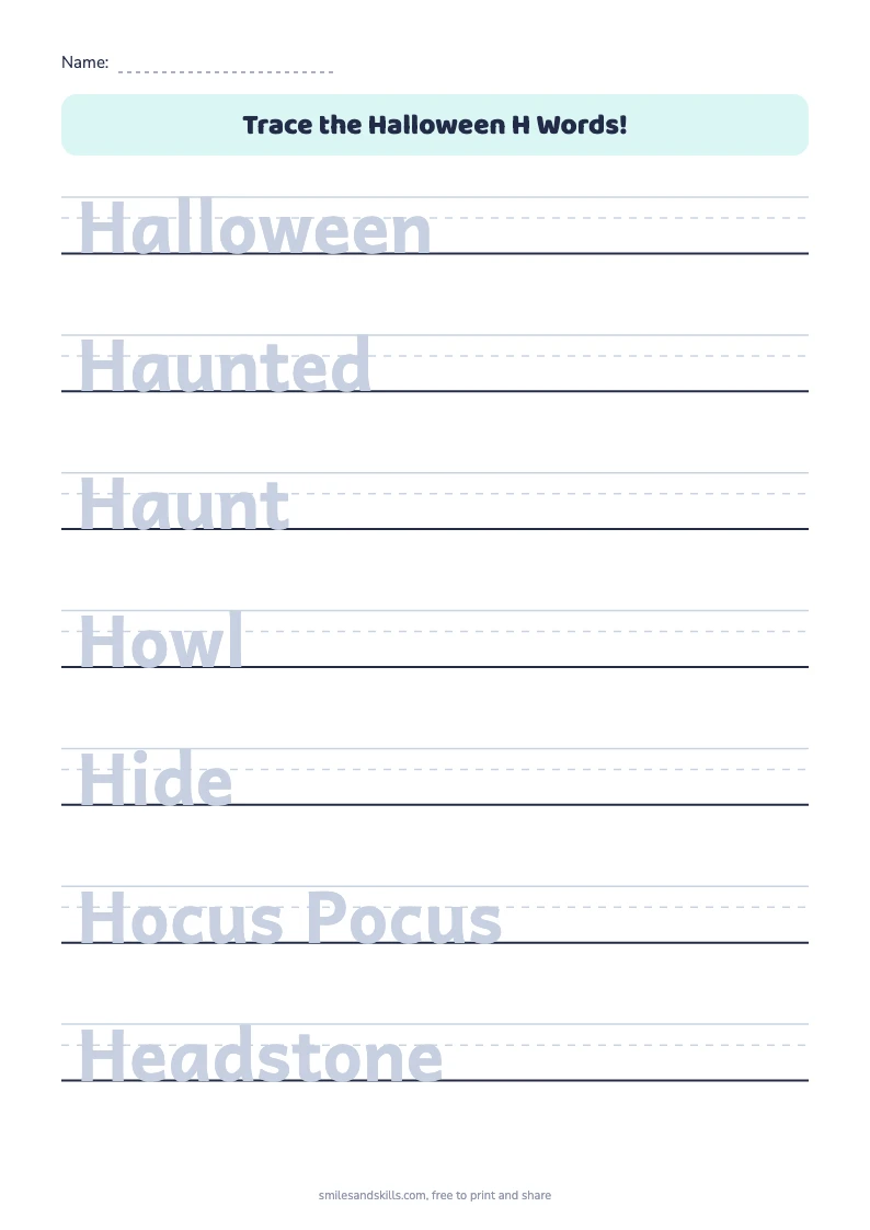 Tracing sheet for Halloween words starting with H on handwriting rules