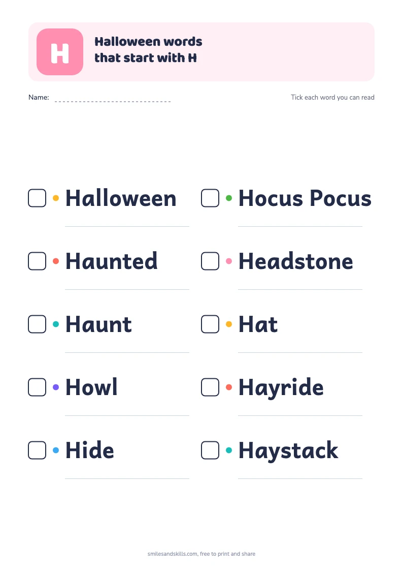 Printable list of 10 Halloween words starting with H, each with a tick box