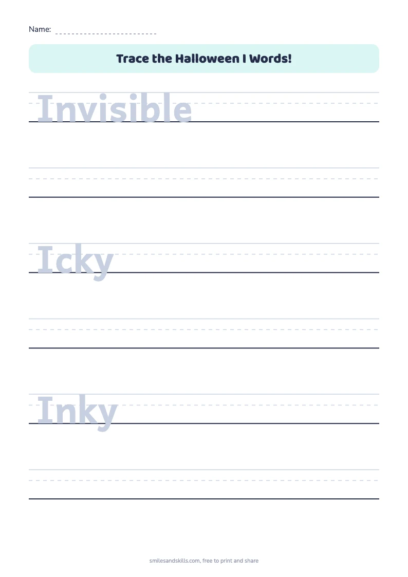 Tracing sheet for Halloween words starting with I on handwriting rules