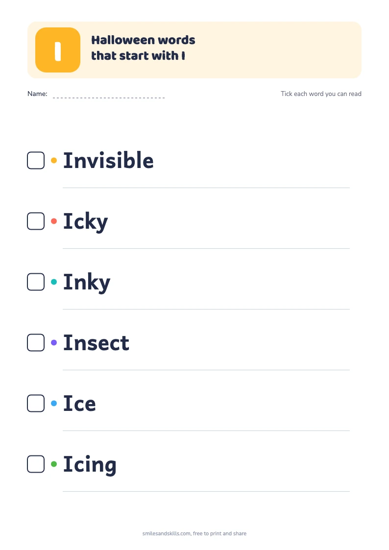 Printable list of 6 Halloween words starting with I, each with a tick box