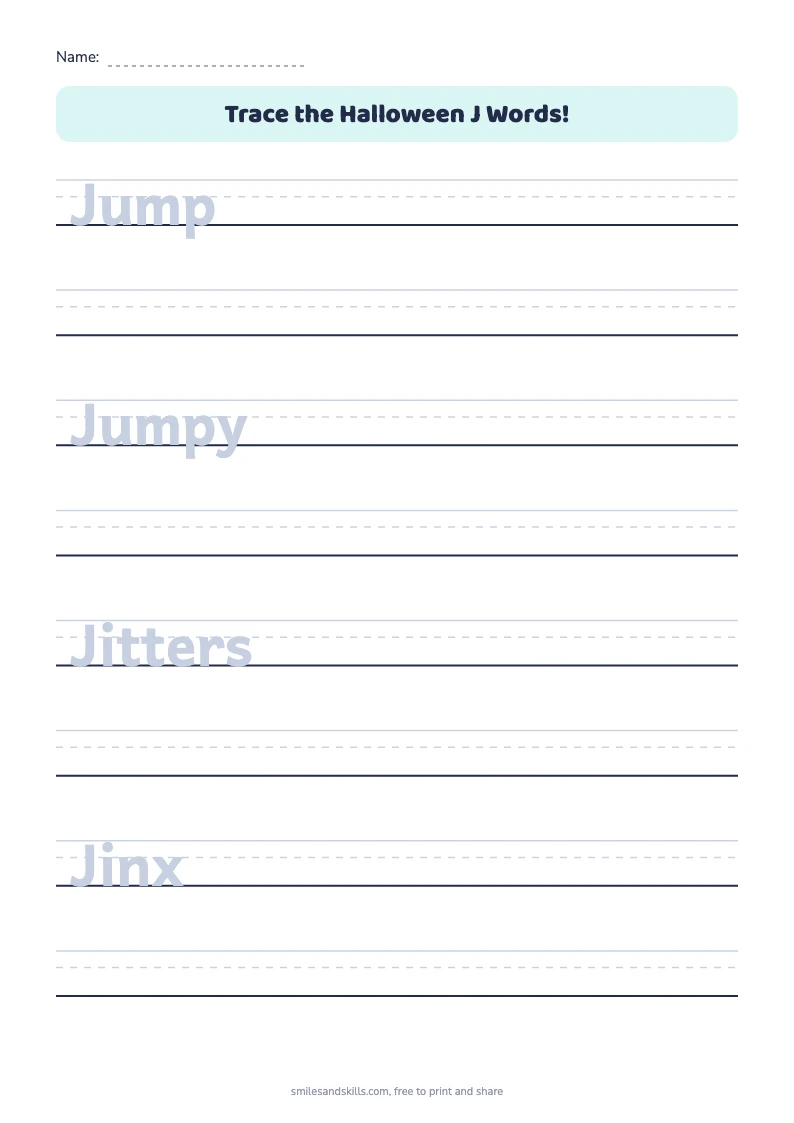 Tracing sheet for Halloween words starting with J on handwriting rules