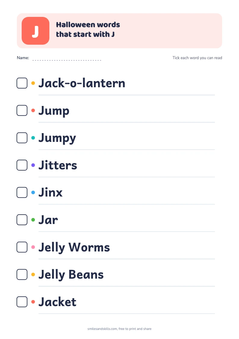 Printable list of 9 Halloween words starting with J, each with a tick box