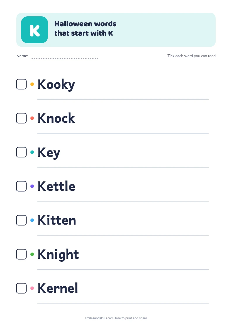 Printable list of 7 Halloween words starting with K, each with a tick box