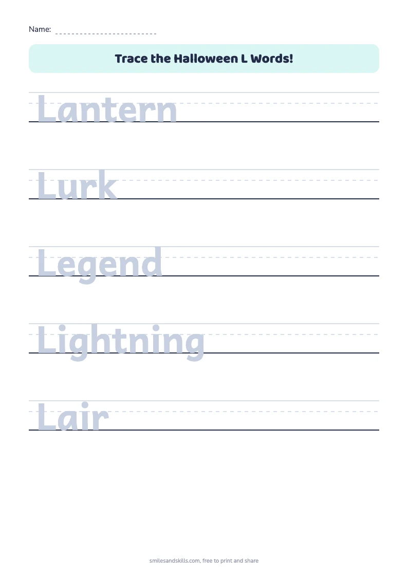 Tracing sheet for Halloween words starting with L on handwriting rules