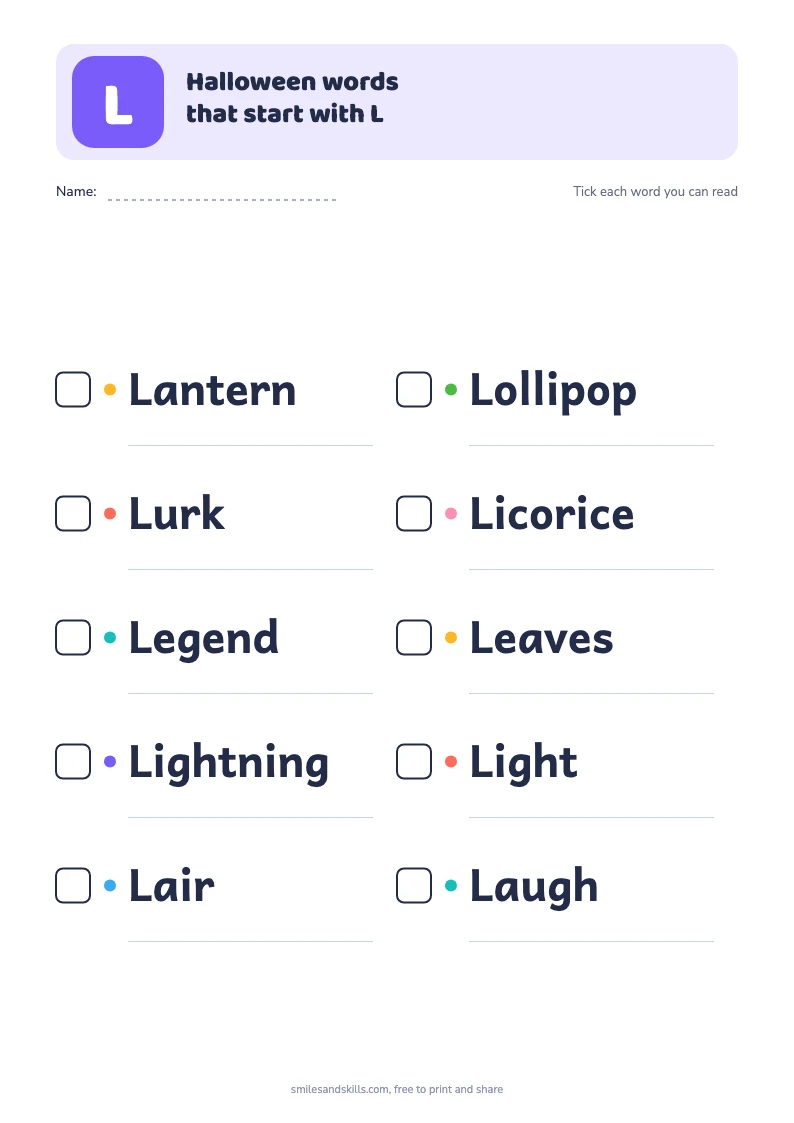 Printable list of 10 Halloween words starting with L, each with a tick box