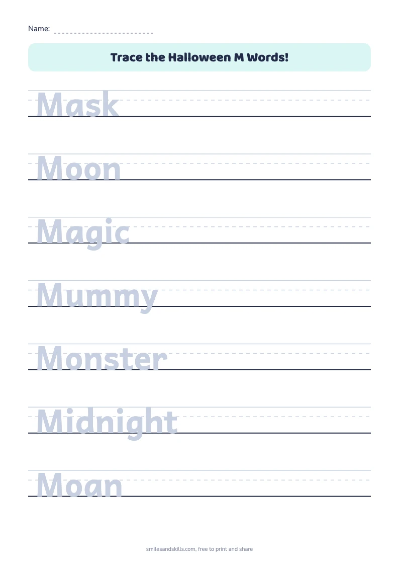 Tracing sheet for Halloween words starting with M on handwriting rules