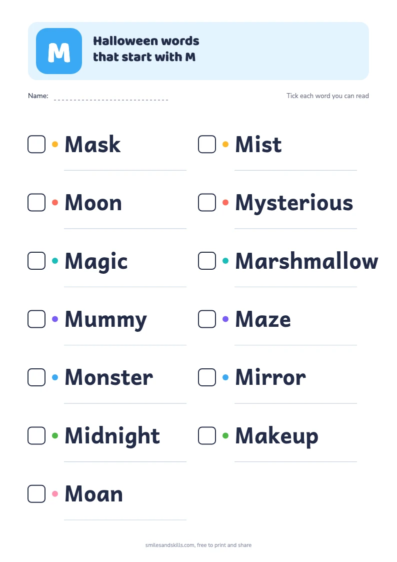 Printable list of 13 Halloween words starting with M, each with a tick box