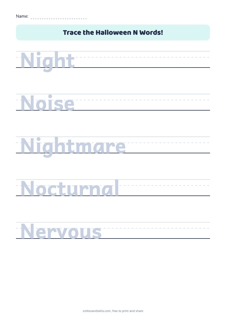 Tracing sheet for Halloween words starting with N on handwriting rules