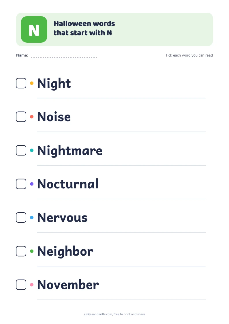 Printable list of 7 Halloween words starting with N, each with a tick box