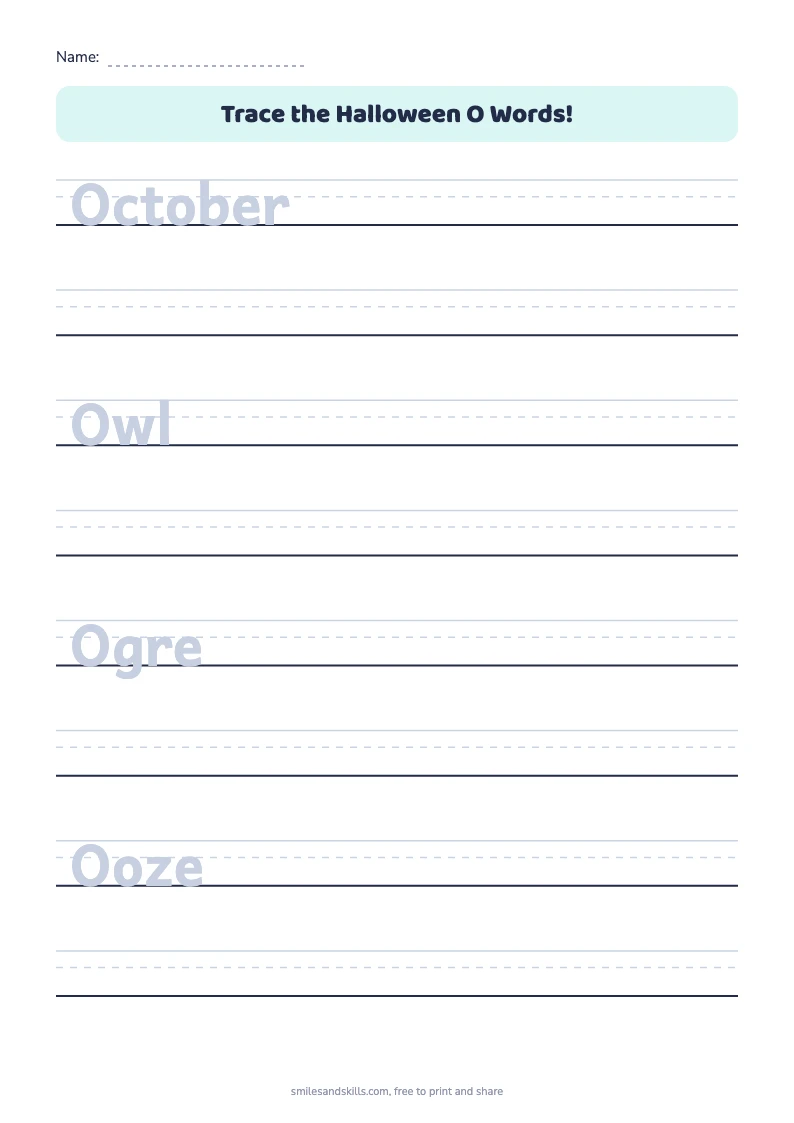 Tracing sheet for Halloween words starting with O on handwriting rules