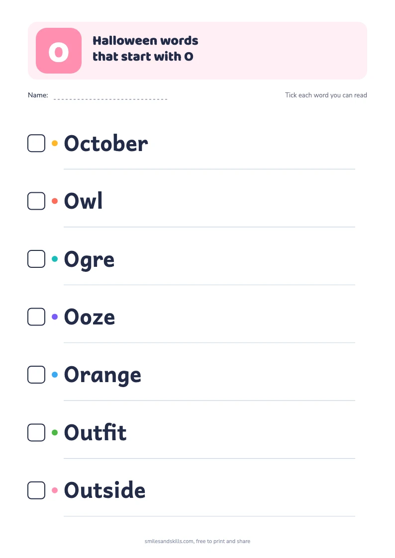 Printable list of 7 Halloween words starting with O, each with a tick box