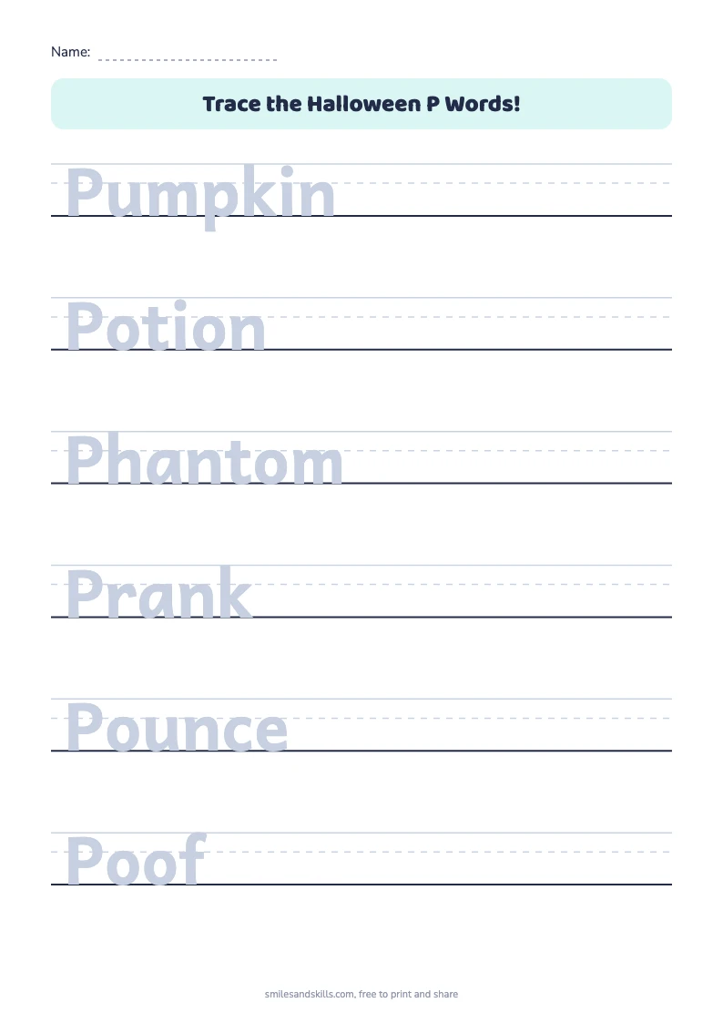Tracing sheet for Halloween words starting with P on handwriting rules