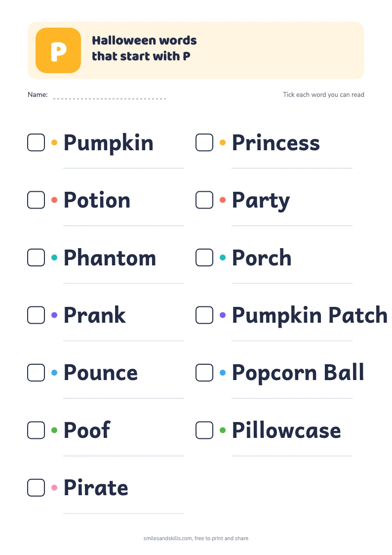 Printable list of 13 Halloween words starting with P, each with a tick box