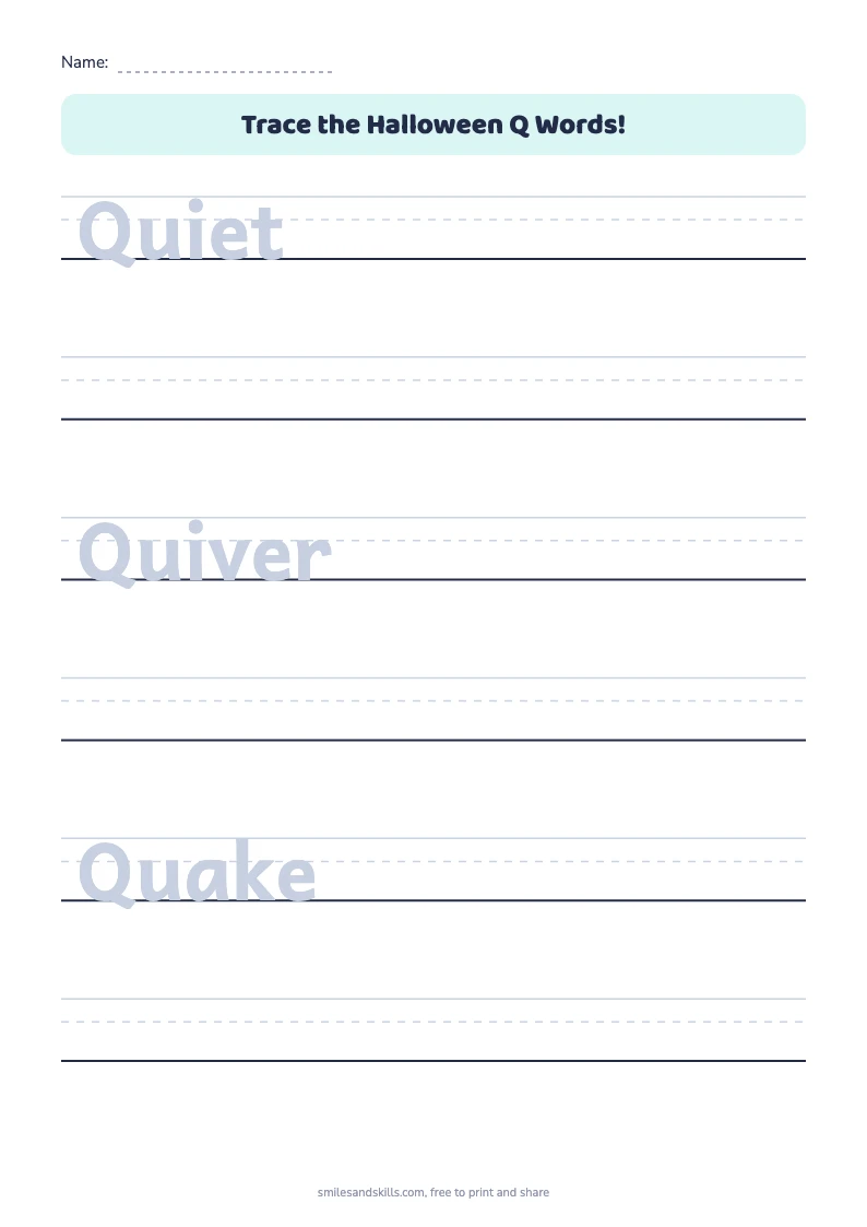 Tracing sheet for Halloween words starting with Q on handwriting rules