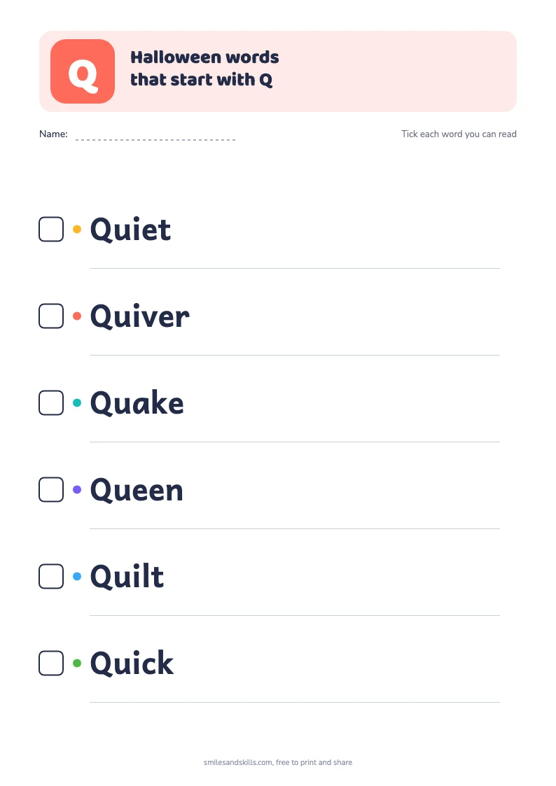 Printable list of 6 Halloween words starting with Q, each with a tick box