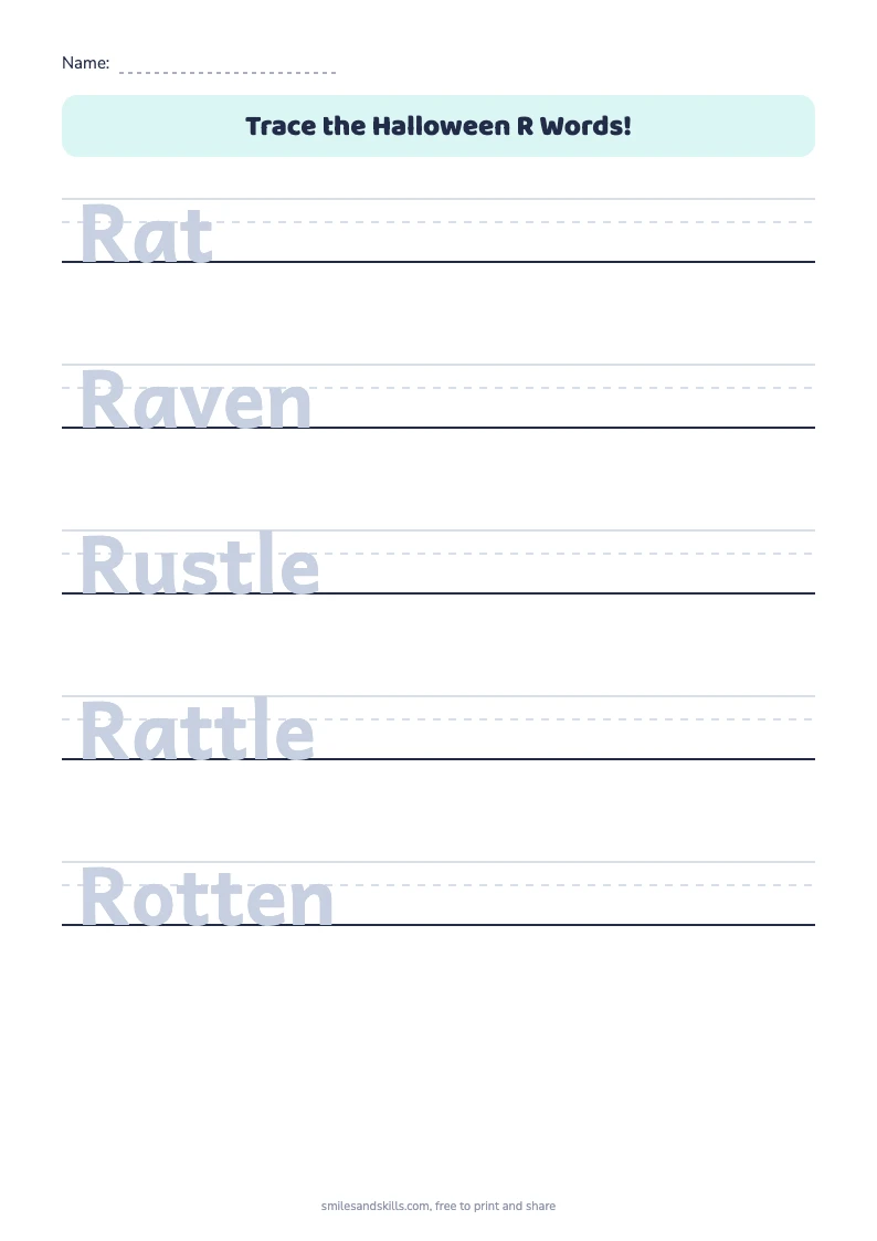 Tracing sheet for Halloween words starting with R on handwriting rules
