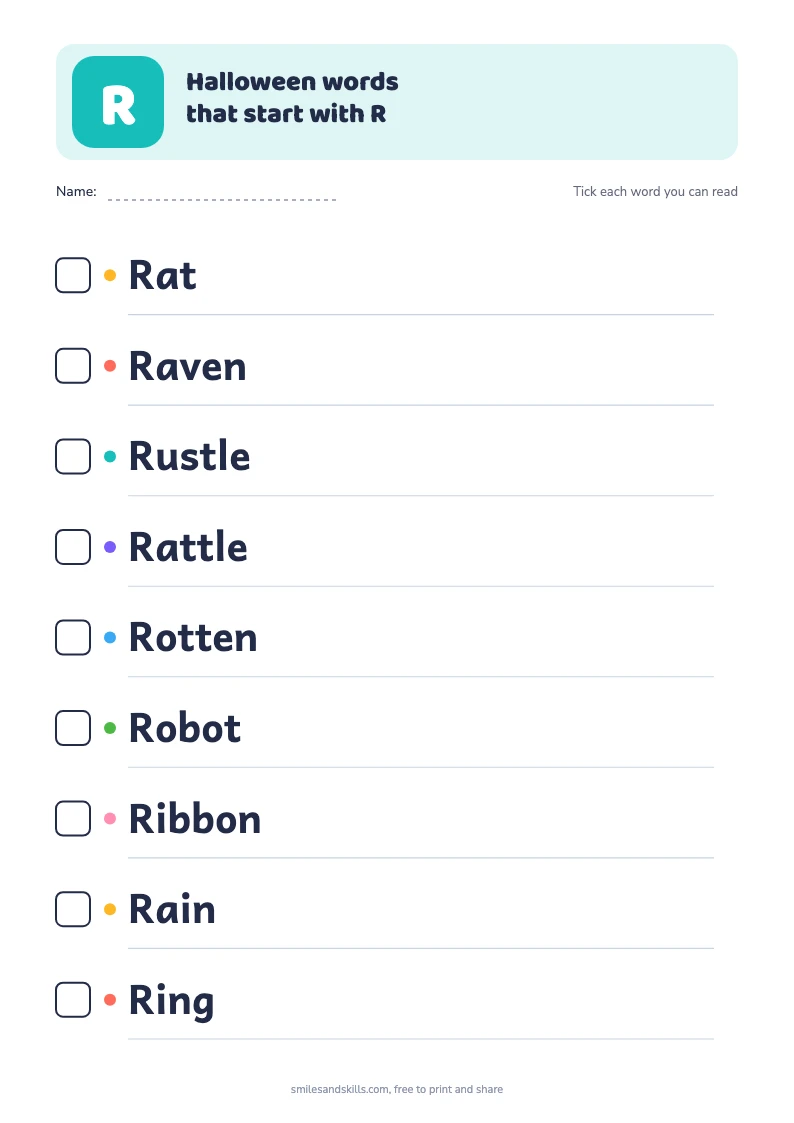 Printable list of 9 Halloween words starting with R, each with a tick box