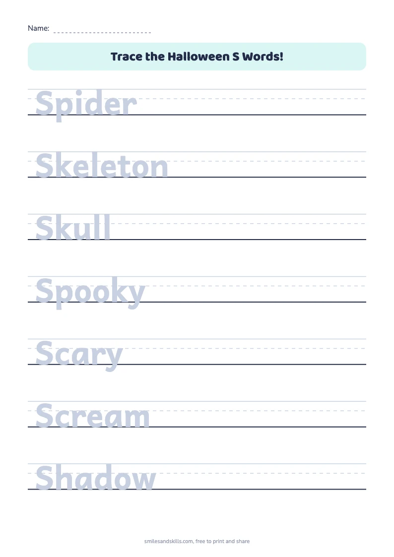 Tracing sheet for Halloween words starting with S on handwriting rules