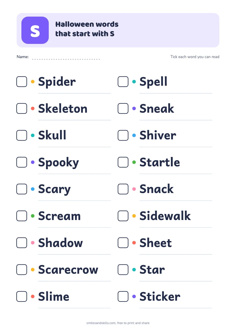 Printable list of 18 Halloween words starting with S, each with a tick box