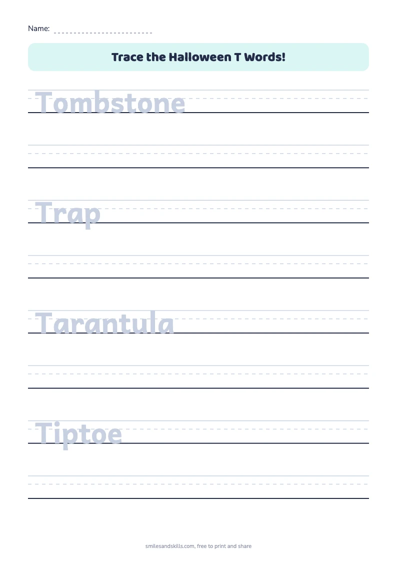 Tracing sheet for Halloween words starting with T on handwriting rules