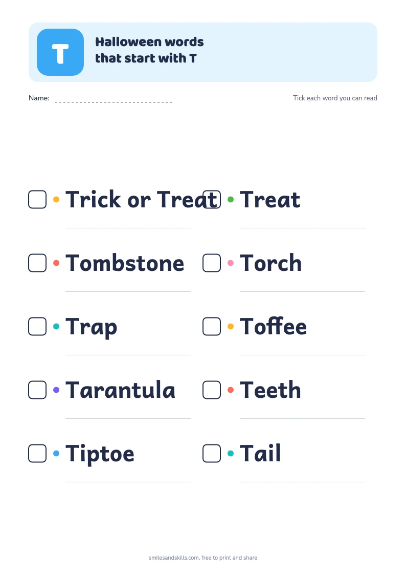 Printable list of 10 Halloween words starting with T, each with a tick box