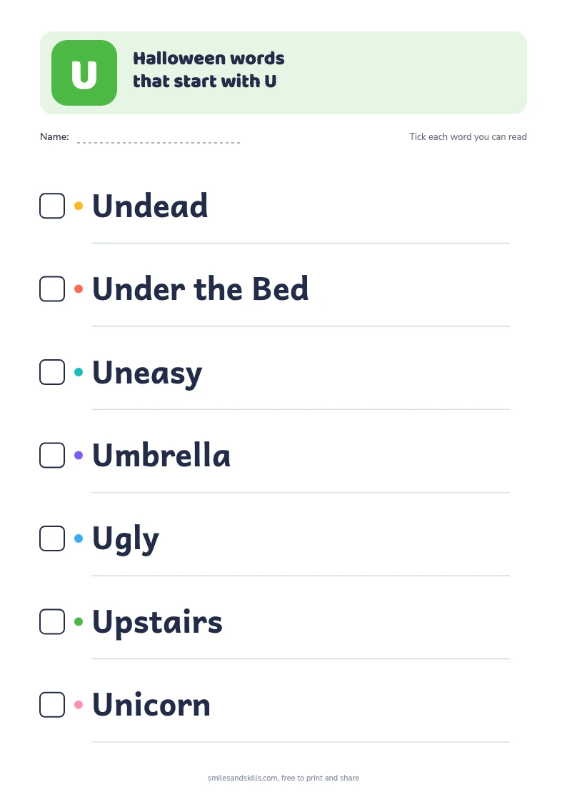 Printable list of 7 Halloween words starting with U, each with a tick box