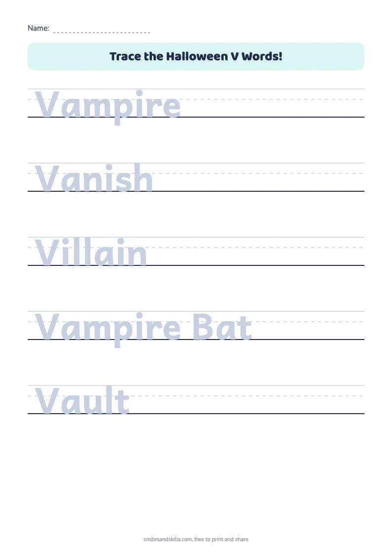 Tracing sheet for Halloween words starting with V on handwriting rules