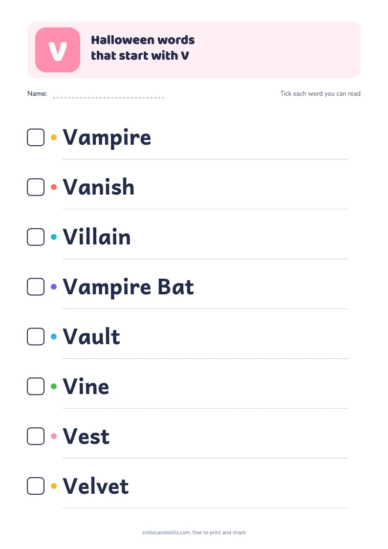 Printable list of 8 Halloween words starting with V, each with a tick box